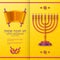 Hanukkah yellow template with Torah, menorah and dreidels. Greeting card. Translation Happy Hanukkah