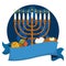 Hanukkiah, dreidel, gelt, sufganiyah and latke behind blue ribbon, Vector illustration