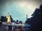 Hanuman and lord shiva temple near highway in India during monsoon time cloudy weather