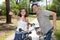 Happiness adult just married couple have fun traveling bike outdoor