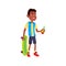 happiness african boy holding skateboard and drink bottle cartoon vector