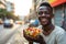 Happiness African Yearold Man Eats Fruit Salad On City Background