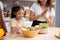 Happiness asian family with father, mother and daughter preparing cooking salad vegetable food together.