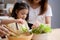 Happiness asian family with father, mother and daughter preparing cooking salad vegetable food together in kitchen.