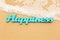 Happiness - blue wooden word on sand with wave