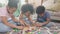 Happiness family with children playing block wood on floor together with fun and relax in the living room at home.