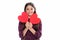 Happiness kids and love concept. Romantic lovely teen girl with red heart, world heart day, happy valentines day