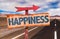 Happiness sign with road background