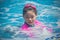 Happiness and Smiling Asian cute little girl has feeling funny and enjoy in swimming pool.