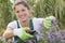 Happu attractive woman in plaid shirt pruning flowers