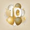 Happy 10th birthday with gold balloons greeting card background.