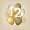 Happy 12th birthday with gold balloons greeting card background.