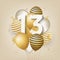 Happy 13th birthday with gold balloons greeting card background.