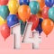 Happy 14th birthday background with colourful balloons. 3D Rendering