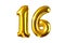 Happy 16 years old party with golden shiny inflatable balloons isolated