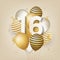 Happy 16th birthday with gold balloons greeting card background.