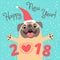 Happy 2018 New Year card. Funny pug congratulates on holiday.