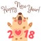 Happy 2018 New Year card. Funny puppy congratulates on holiday.