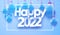 Happy 2022 sign with hanging beautiful Christmas baubles