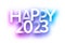 Happy 2023 blue and purple neon like sign on white background