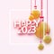 Happy 2023 sign in frame with hanging yellow baubles