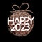 Happy 2023 sign over christmas bauble made of confetti