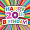 HAPPY 20th BIRTHDAY! vector card on bright and colorful background