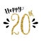 HAPPY 20th hand-lettered gold glitter card