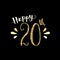 HAPPY 20th hand-lettered gold glitter card on black background