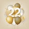 Happy 22th birthday with gold balloons greeting card background.