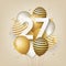 Happy 27th birthday with gold balloons greeting card background.