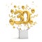 Happy 30th birthday gold surprise balloon and box. 3D Rendering