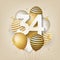 Happy 34th birthday with gold balloons greeting card background.