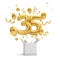 Happy 35th birthday gold surprise balloon and box. 3D Rendering