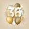 Happy 36th birthday with gold balloons greeting card background.