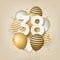 Happy 38th birthday with gold balloons greeting card background.