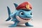 A happy 3D cartoon character shark wearing a captain hat, spreading joy and friendliness in the underwater world