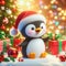 A happy 3d Christmas penguin with bright background, generative ai