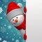 Happy 3d snowman holding white page