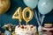 Happy 40th birthday. Gold helium 40 birthday balloons on a birthday cake