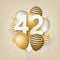 Happy 42th birthday with gold balloons greeting card background.