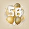 Happy 56th birthday with gold balloons greeting card background.