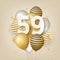 Happy 59th birthday with gold balloons greeting card background.