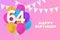 Happy 64th birthday balloons greeting card background.