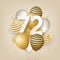 Happy 72th birthday with gold balloons greeting card background.