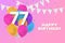 Happy 77th birthday balloons greeting card background.