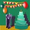 Happy 7th Birthday card with elephant and a big cake in green and orange colors