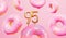 Happy 95th birthday celebration background with pink frosted donuts. 3D Rendering