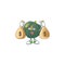 Happy acorn squash cartoon character with two money bags