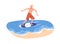 Happy active man skimming, surfing on skimboard. Surfer standing on water board in sea on summer holiday, vacation